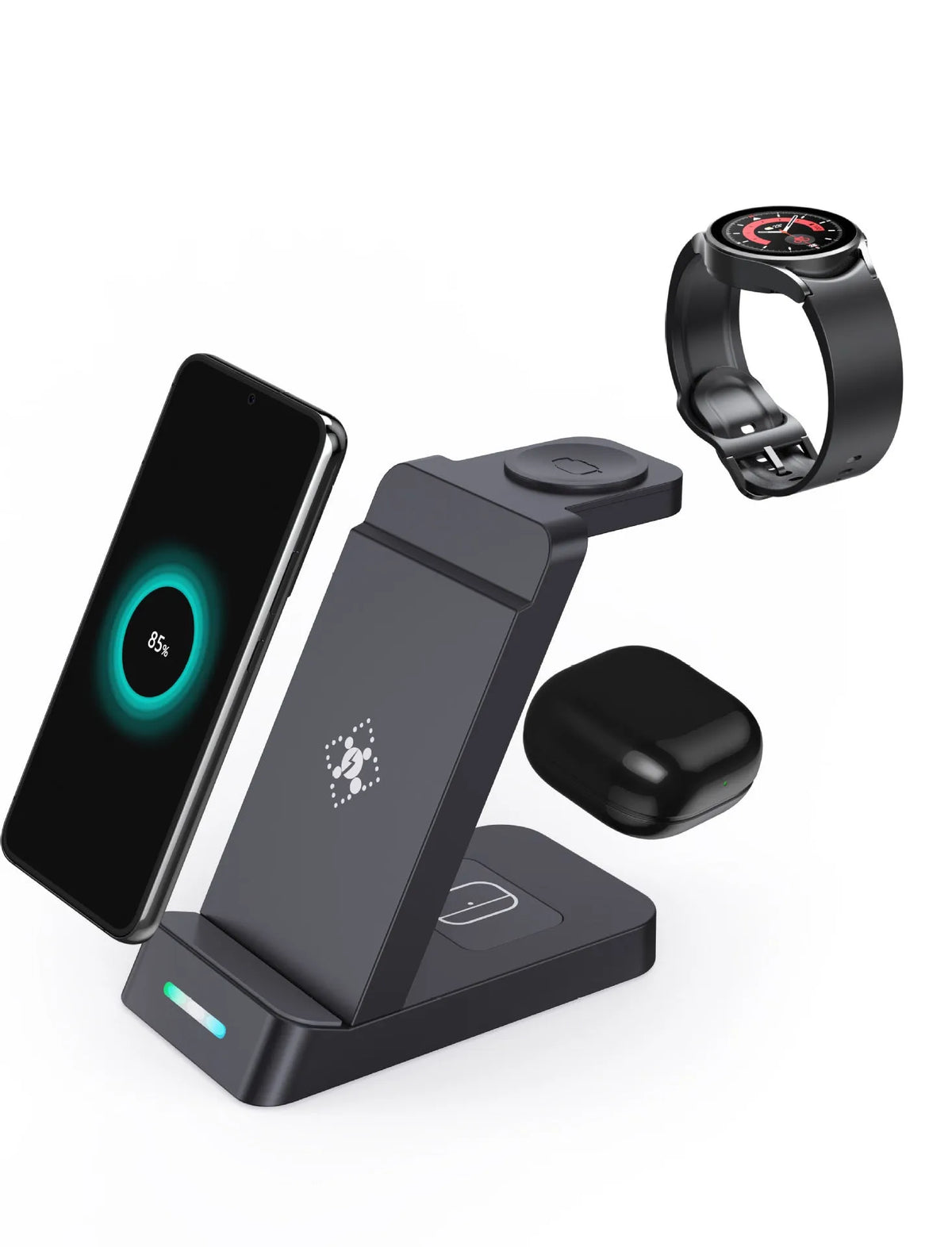 Black and white 3-in-1 wireless charging station for phone, watch, and AirPods on a desk