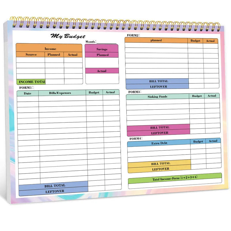 B5 budget tally book with spiral binding showing PP cover and open pages for financial recording