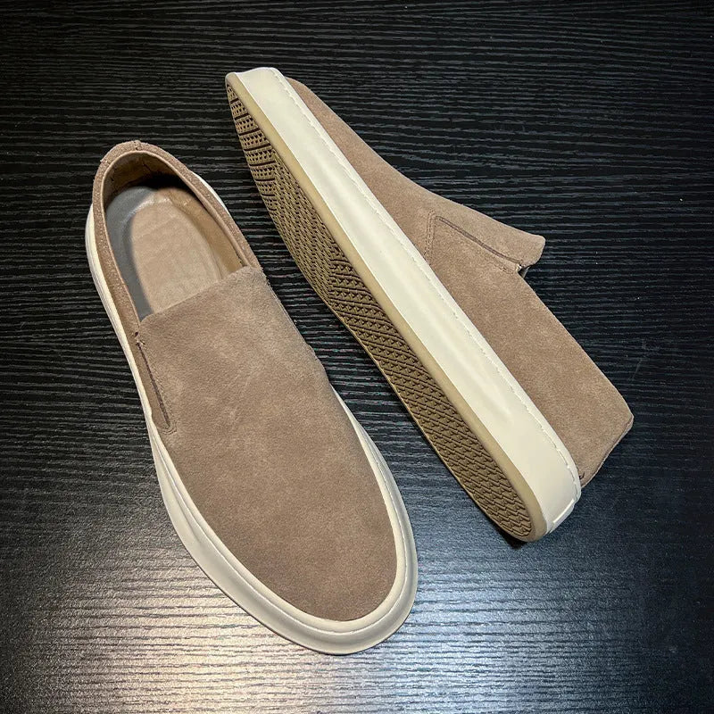 Men's grey and apricot casual slip-on shoes with height increasing insoles and round toe design