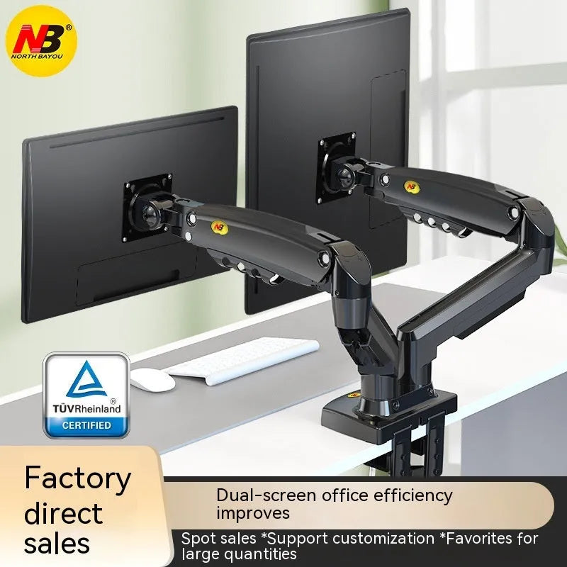 Dual screen lifting monitor bracket for VESA compatible monitors in aluminium and plastic construction.