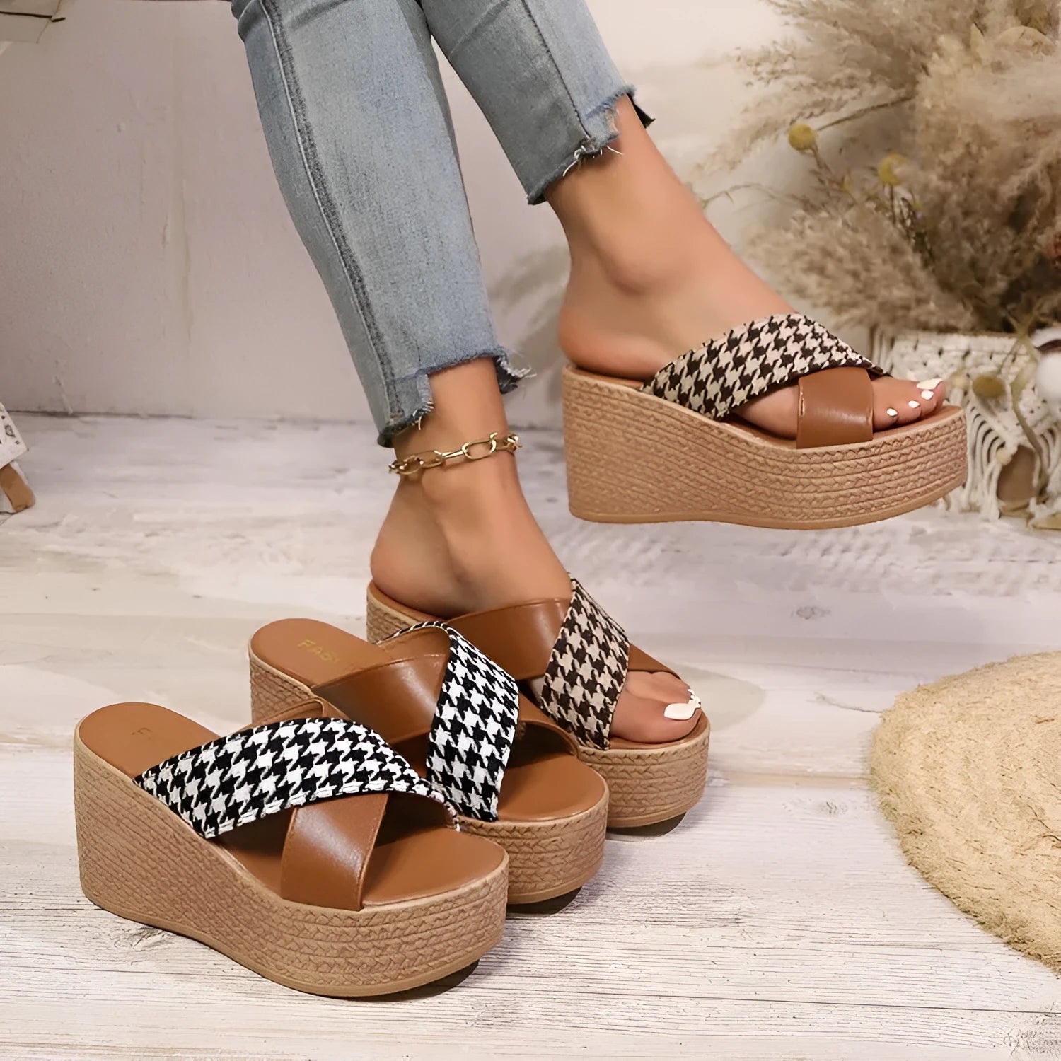 Brown plaid wedge sandals with cross leopard print and a black rubber sticky sole.