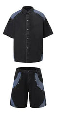 Retro washed denim short-sleeved jacket and trousers suit set in black colour