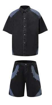 Retro washed denim short-sleeved jacket and trousers suit set in black colour