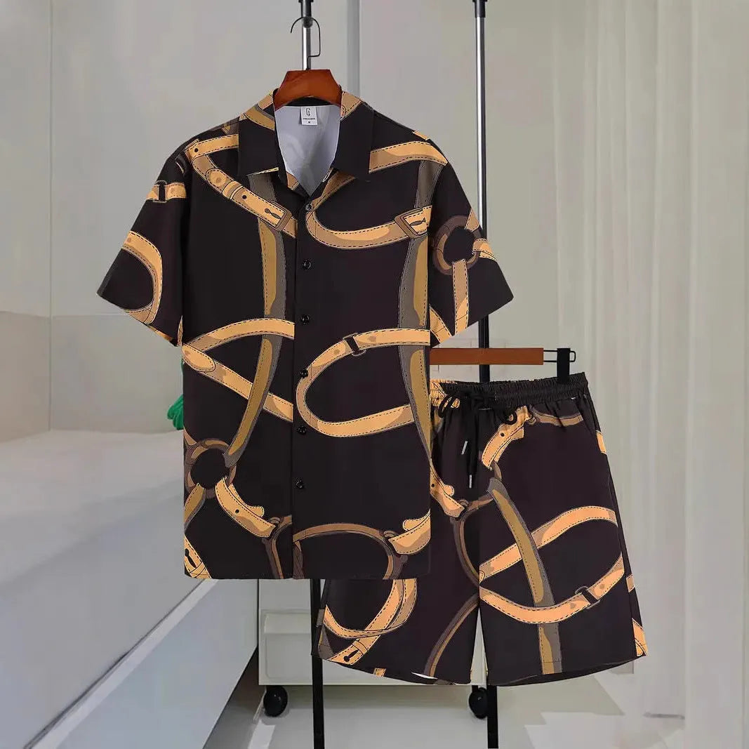 Men's wild print short sleeve shirt and shorts set in picture style colour, no hood, sizes S to 4XL