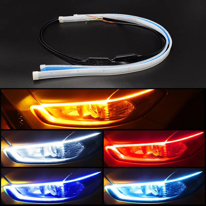 Car LED daytime running light strip with flowing turn signal in waterproof silicone, showing wire connections