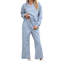Women's solid colour knitted jacquard suit with lapel long sleeve top and elastic waist cropped pants.
