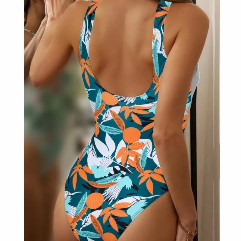 Women's high waist one-piece swimsuit with printed pattern in polyester fabric