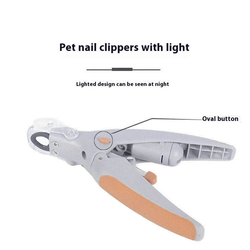 LED illuminated dog nail trimmer with transparent plastic blade guard showing blood line indicator