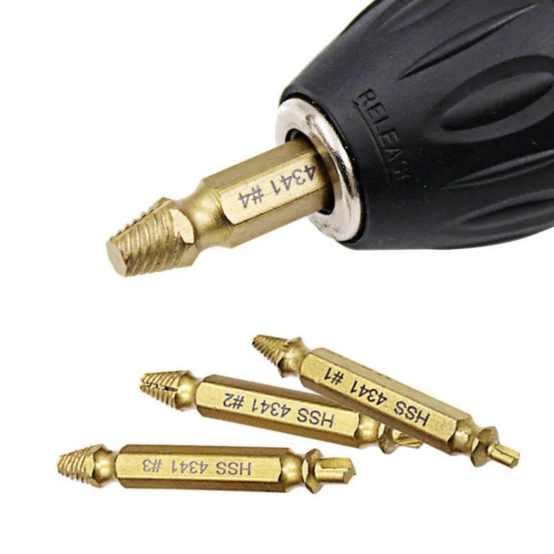 Set of five 4341 high-speed steel screw extractors for removing broken bolts and iron nails