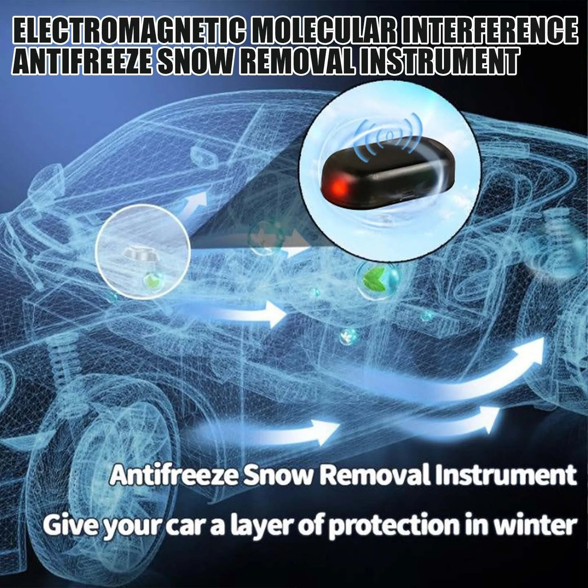 Black handheld car deicer and snow melting tool on car dashboard