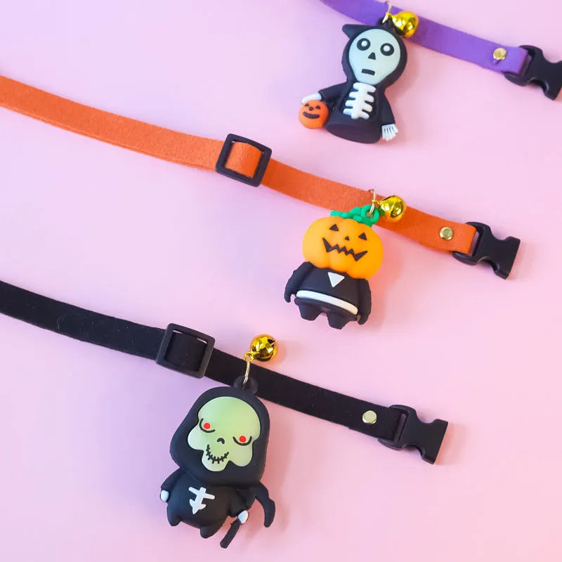 Halloween pet collar decoration with luminous patterns in polyester material showing size options from 16cm to 56cm