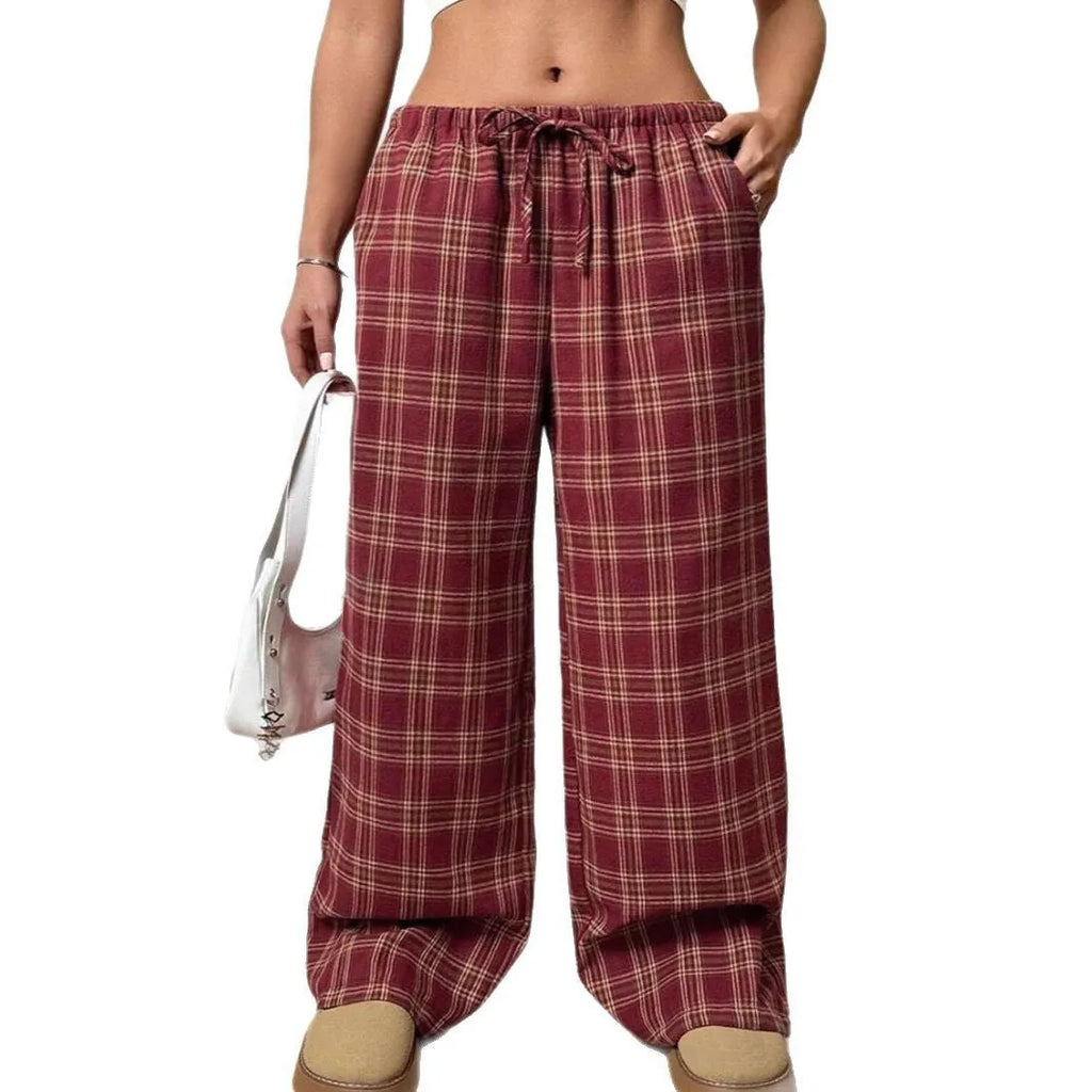 Women's casual plaid trousers with drawstring waist and patch pockets in blue and red colour options