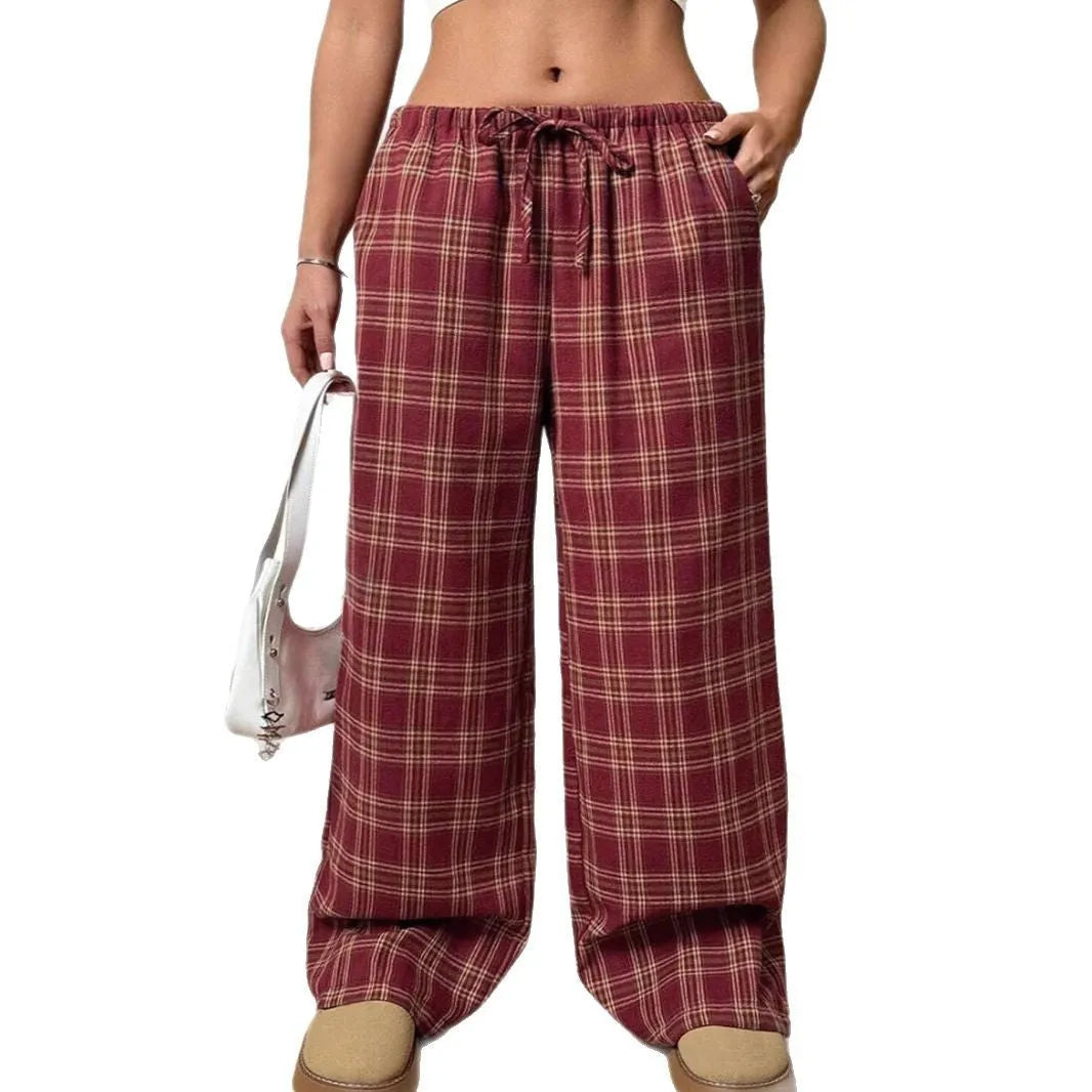 Women's casual plaid trousers with drawstring waist and patch pockets in blue and red colour options