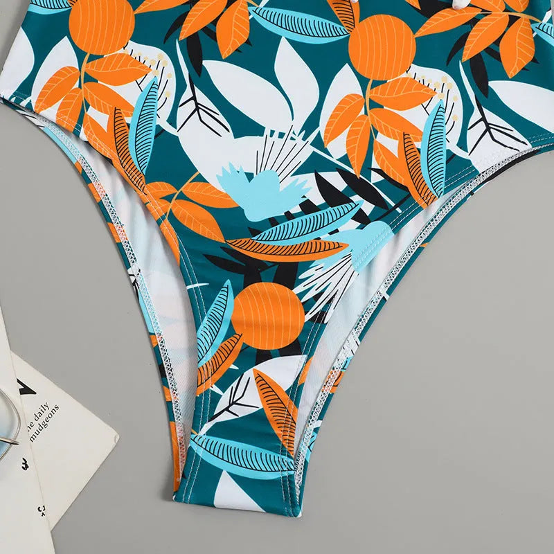 Women's high waist one-piece swimsuit with printed pattern in polyester fabric