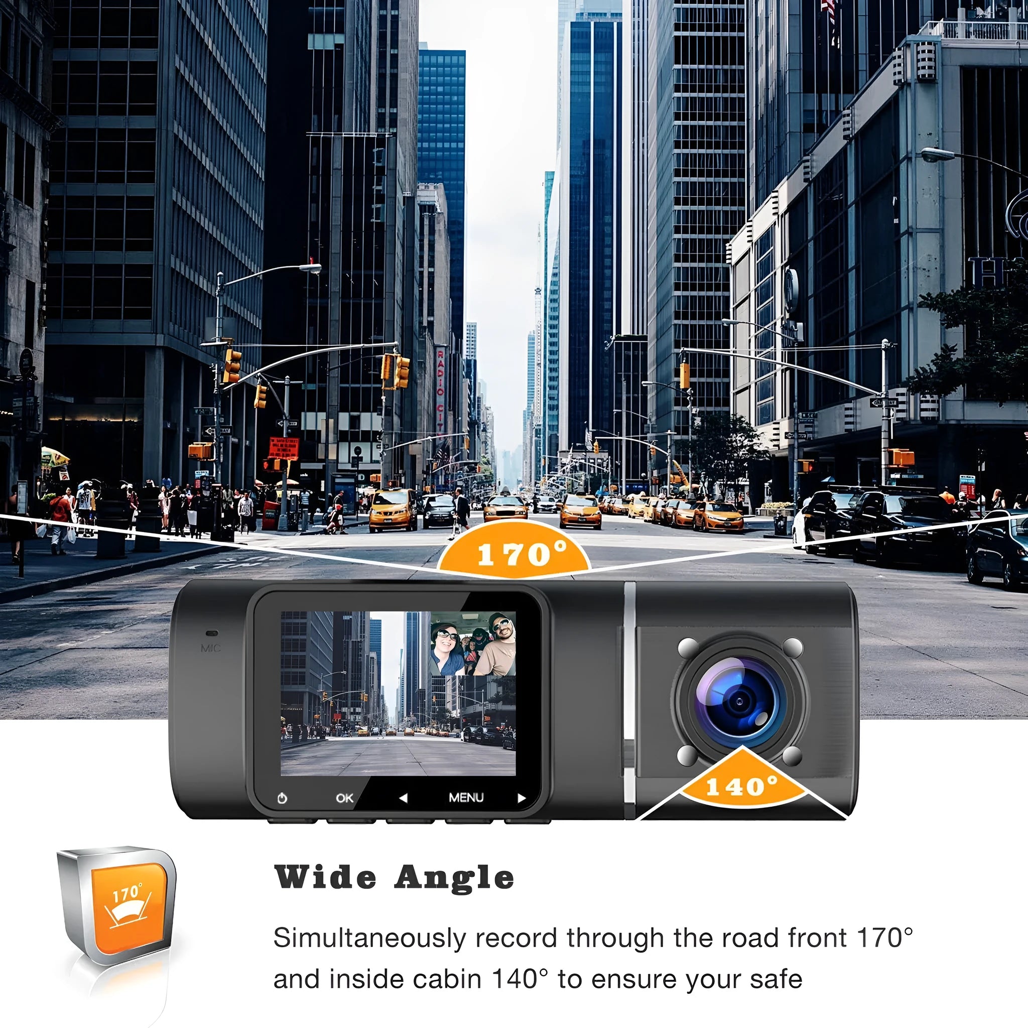 Standard black dash cam with 1.5-inch screen for front and rear 1080p recording with night vision