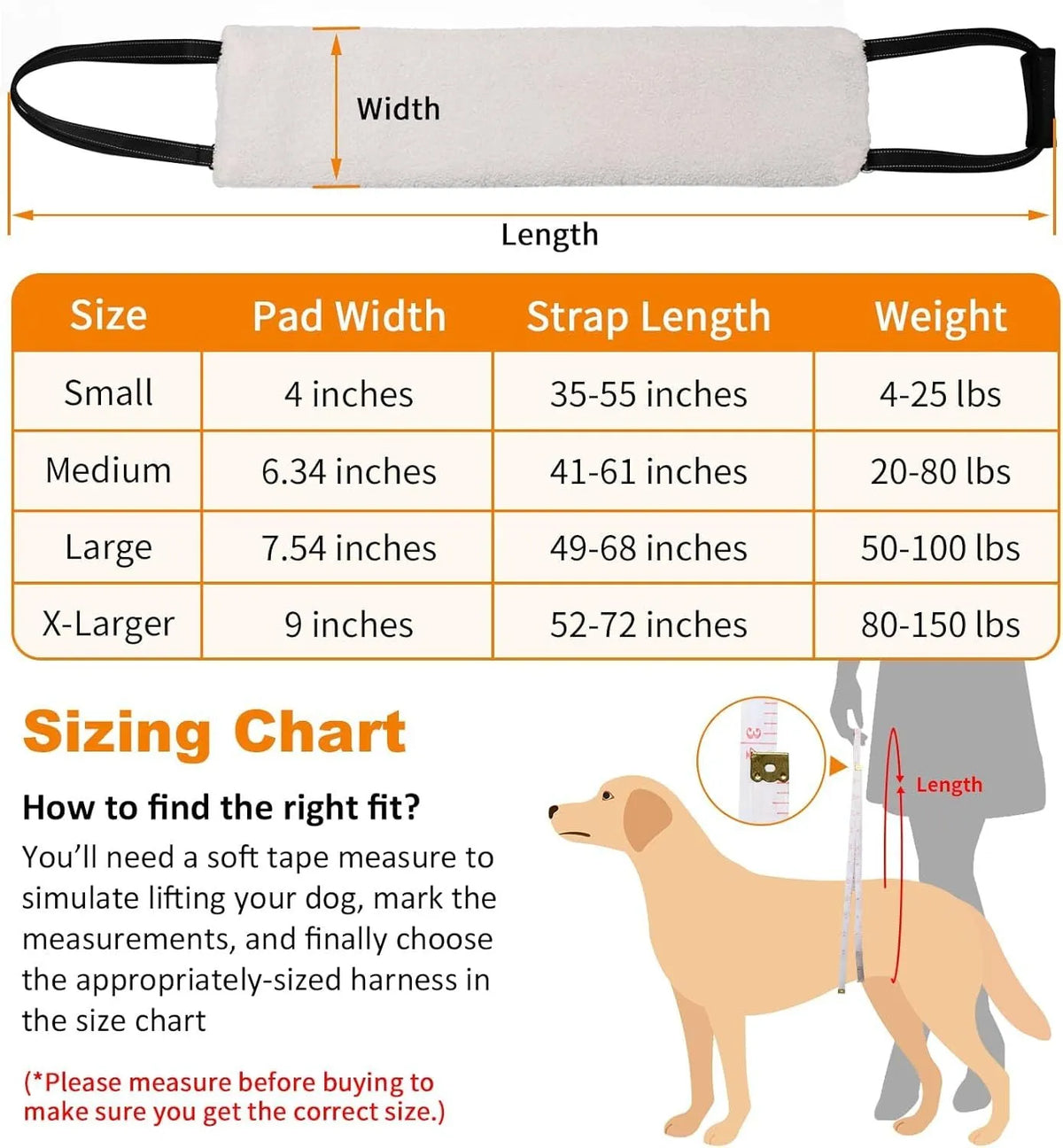 Adjustable dog mobility sling under a dog's hindquarters with reflective nylon straps and a padded liner.