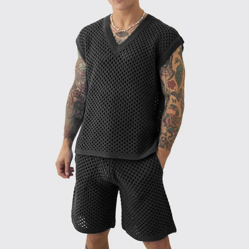 Men's sleeveless V-neck knitted vest and matching shorts sports suit in blue black white or khaki
