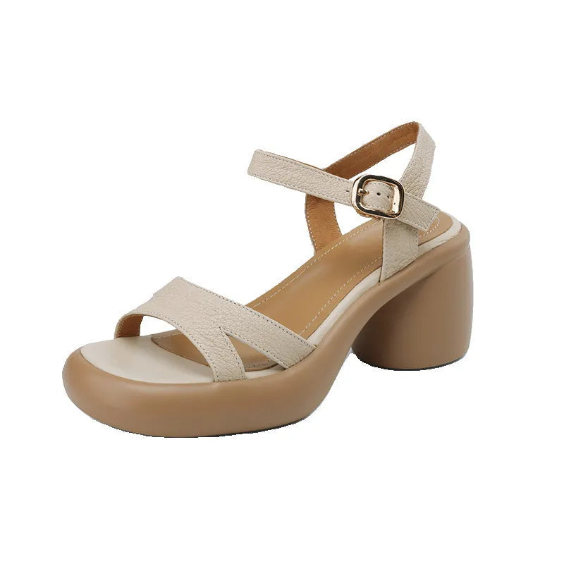 Women's open toe platform sandals in apricot with microfiber upper and rubber sole.