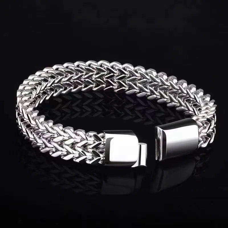 Silver geometric titanium steel men's bracelet shown in 4x8mm and 5x10mm width styles.