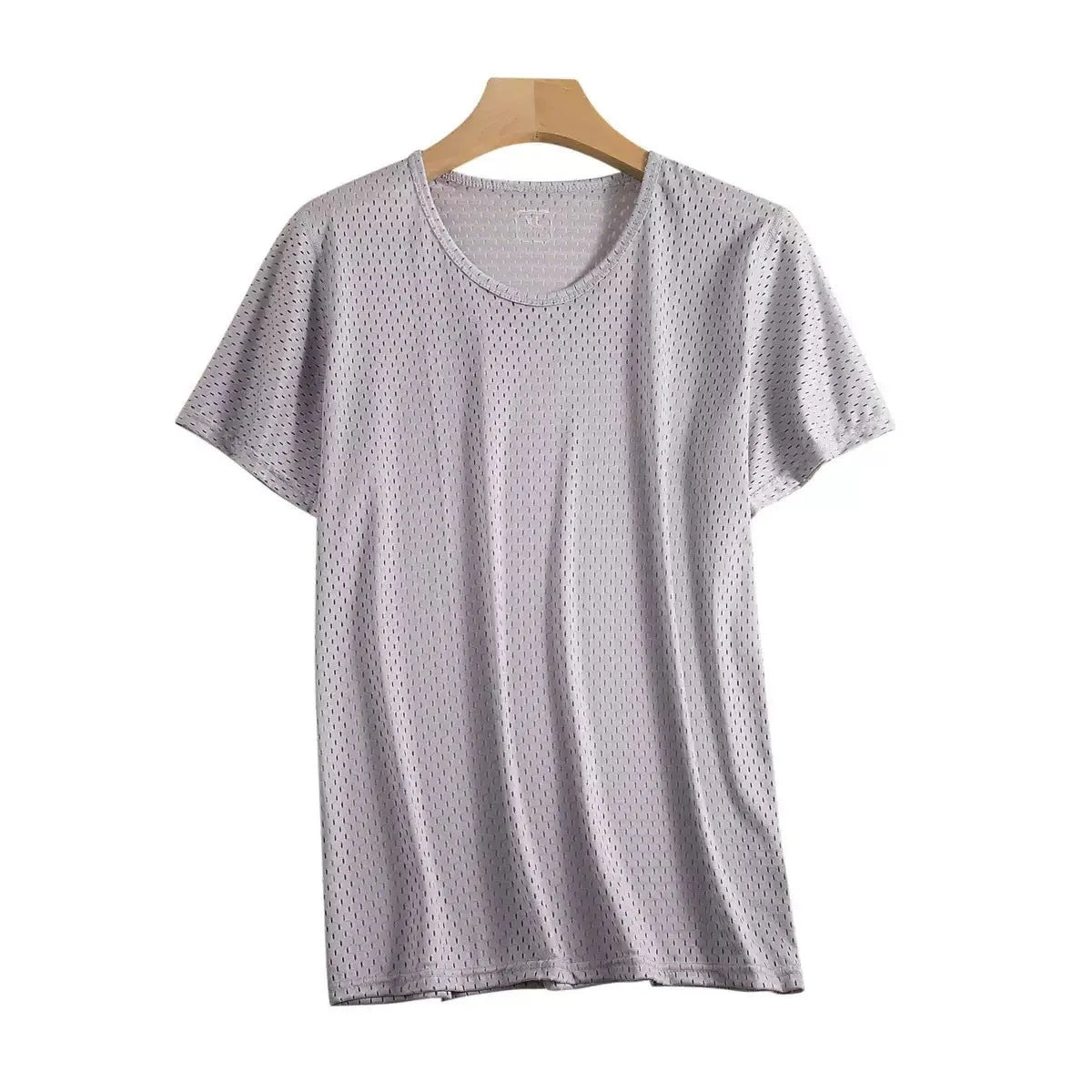 Ice silk men's short sleeve crew neck t-shirt in thin mesh polyester fabric