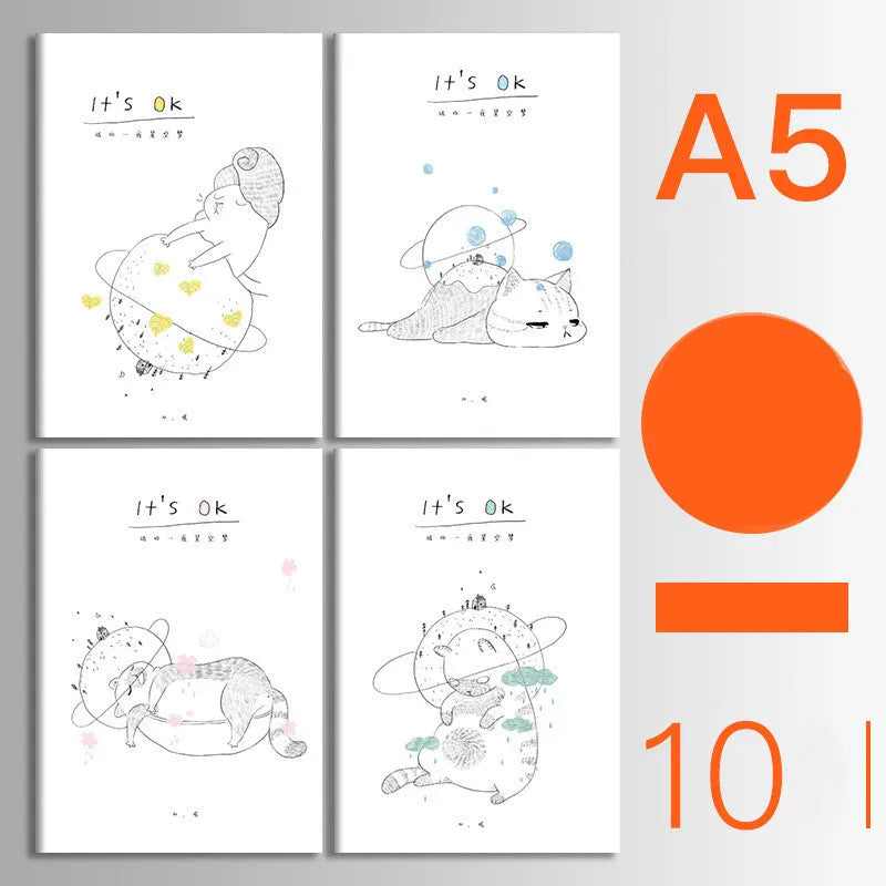 Ten soft cover kraft paper notebooks with thread binding in A5 and B5 sizes showing multiple design styles