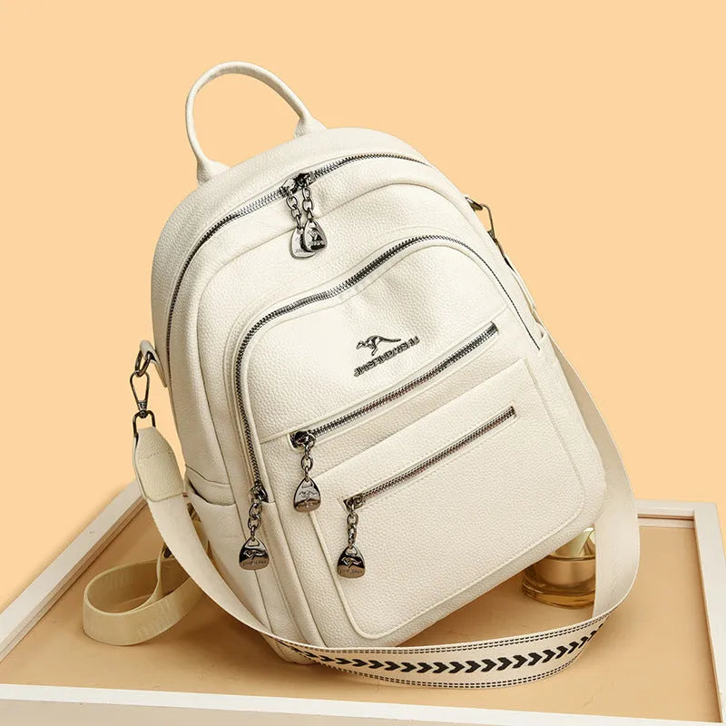 Genuine leather commuting backpack with flap pocket, black yellow beige options, water-resistant multi-pocket design