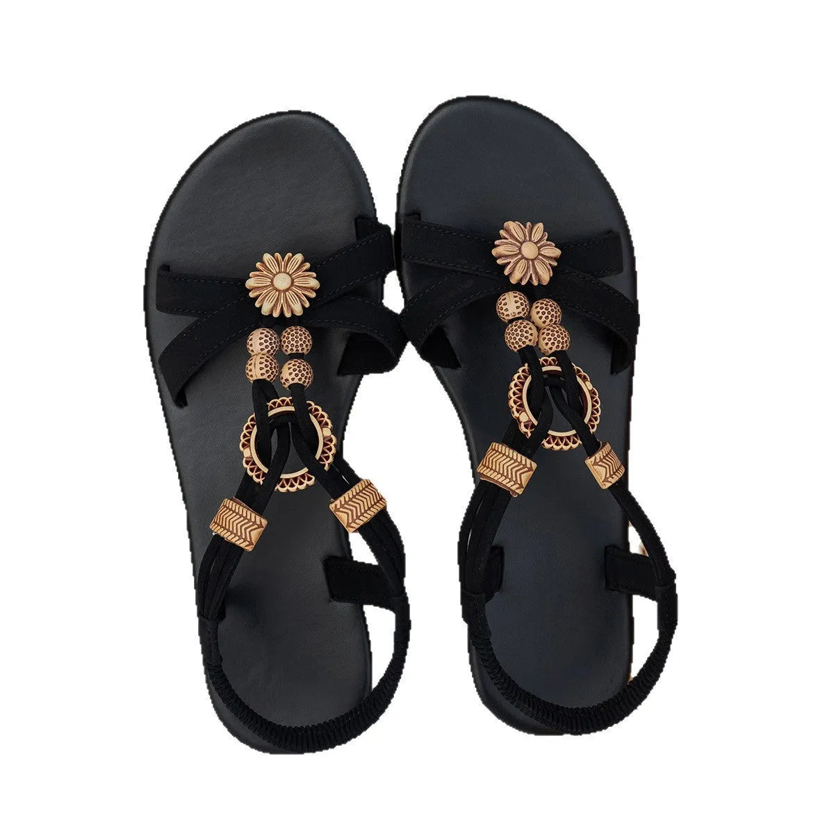 Women's black ethnic style beaded weave open toe beach sandals with rhinestone decoration
