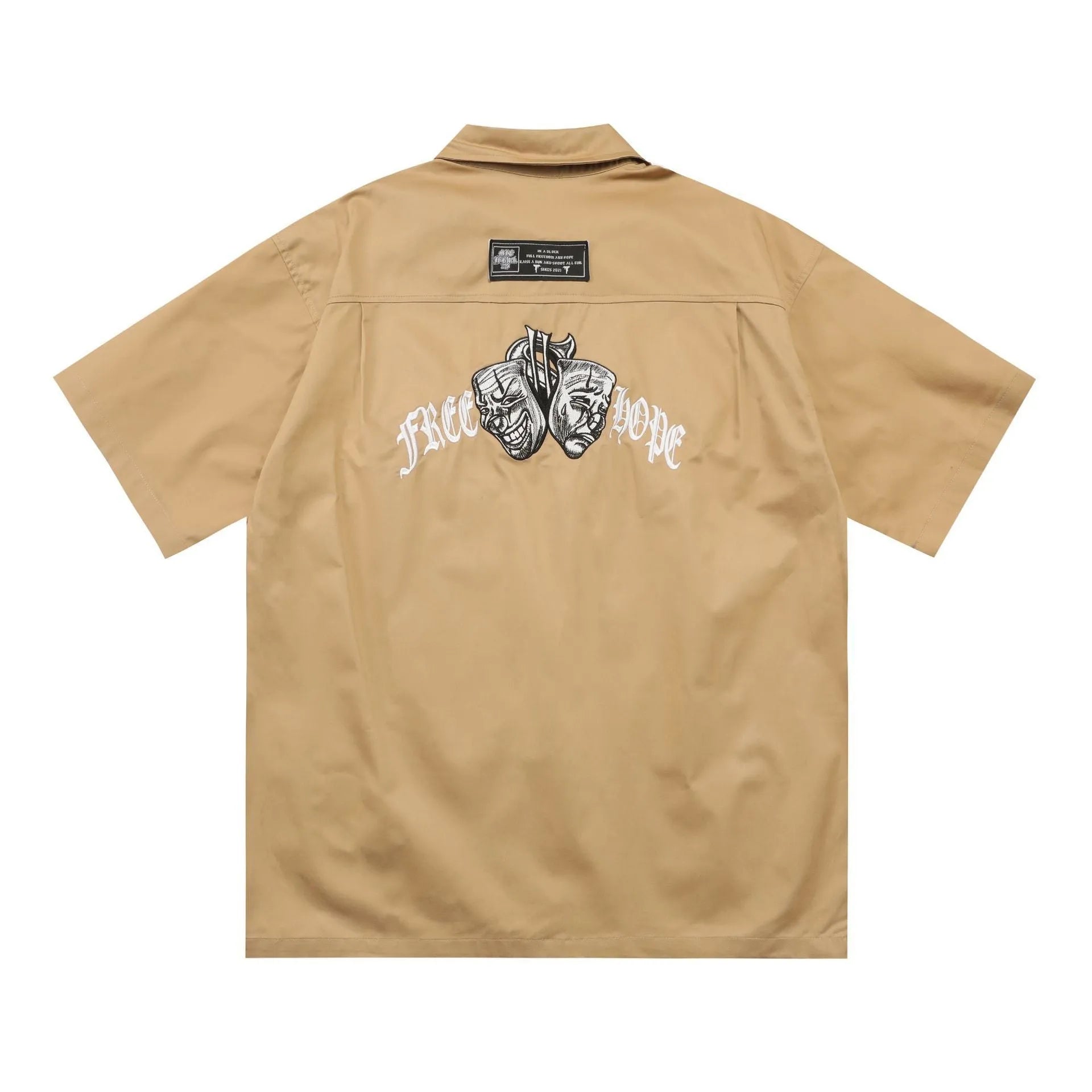 Men's black loose-fit cotton blend shirt with chest pocket and embroidered design on half sleeve.