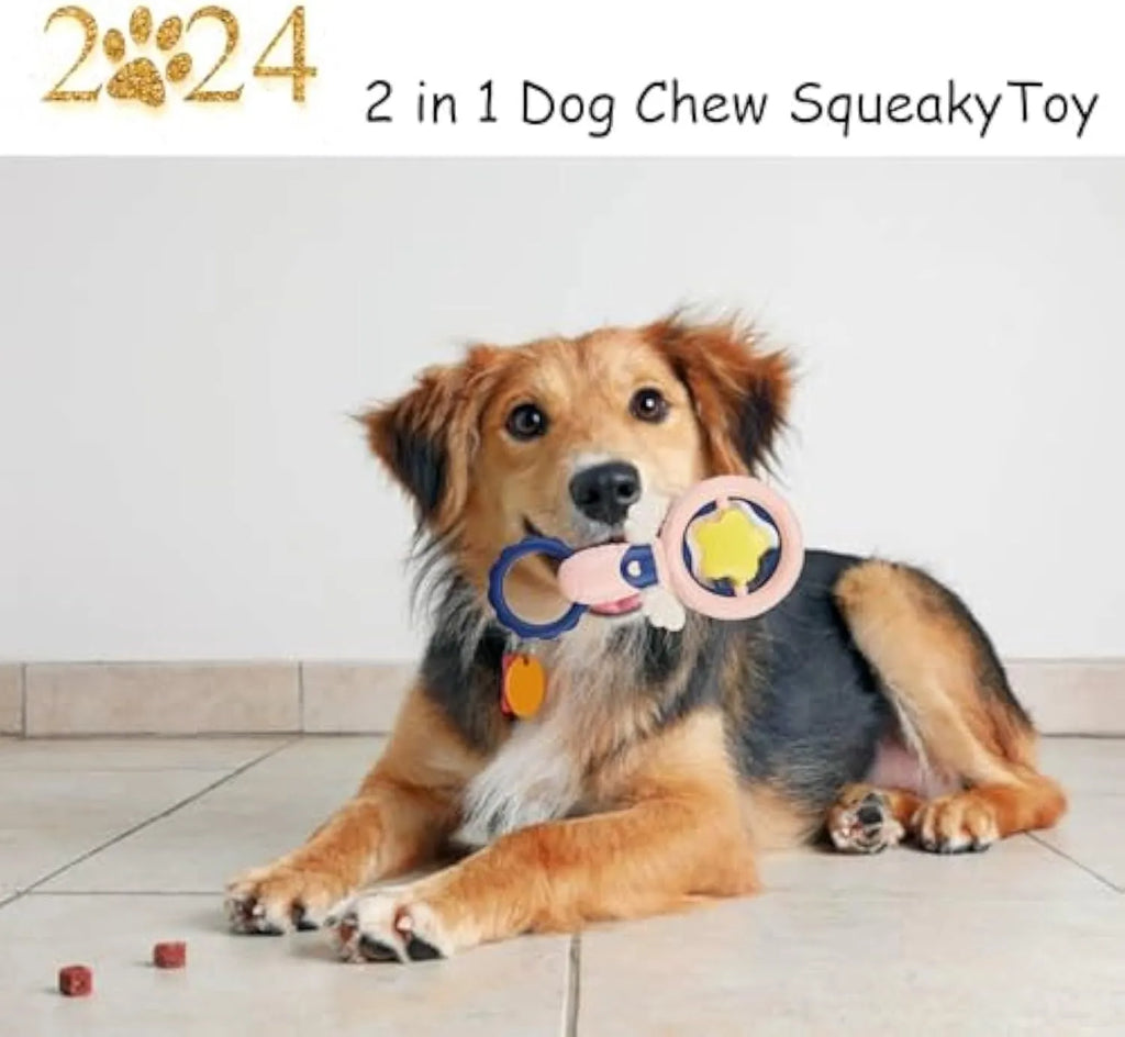 Pink interactive dog toy set with squeaky toys and dental chews for large breeds
