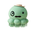 Silicone pet bath brush with body wash dispenser for dogs and cats, shown in green and purple