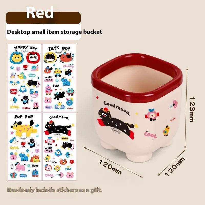 Plastic desktop storage box with cartoon stickers showing 2L capacity for stationery organisation