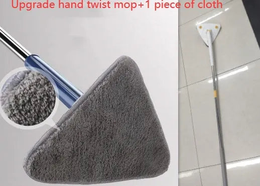 Blue triangle cleaning mop with rotating head and extendable stainless steel pole