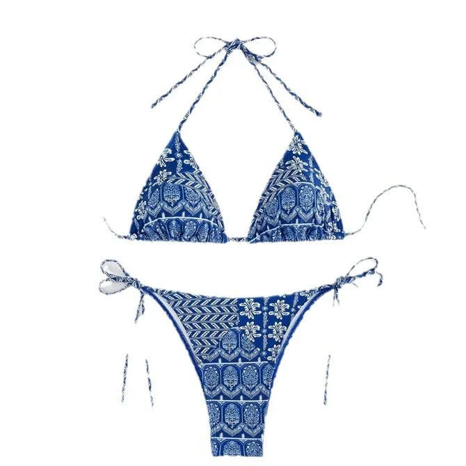 Split bikini bandage swimsuit with printing and stitching detail in polyester fabric