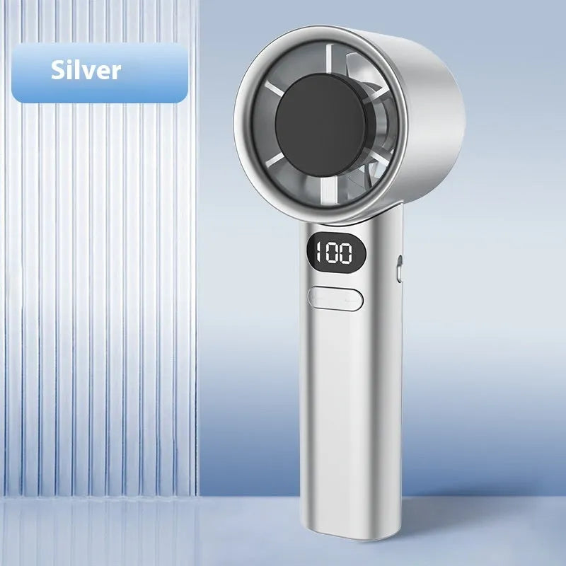 USB handheld fan with variable speed control showing green, khaki, silver, and white colour options