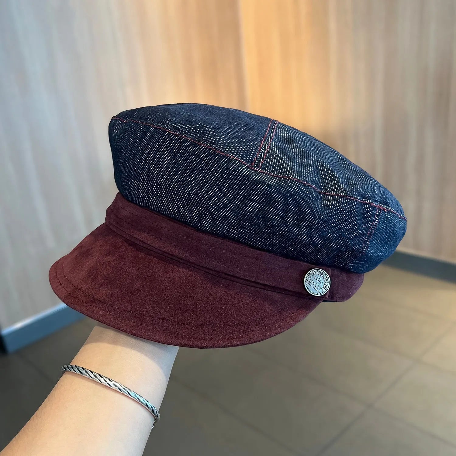 British retro octagonal denim newsboy hat with adjustable size and multiple brim colour options
