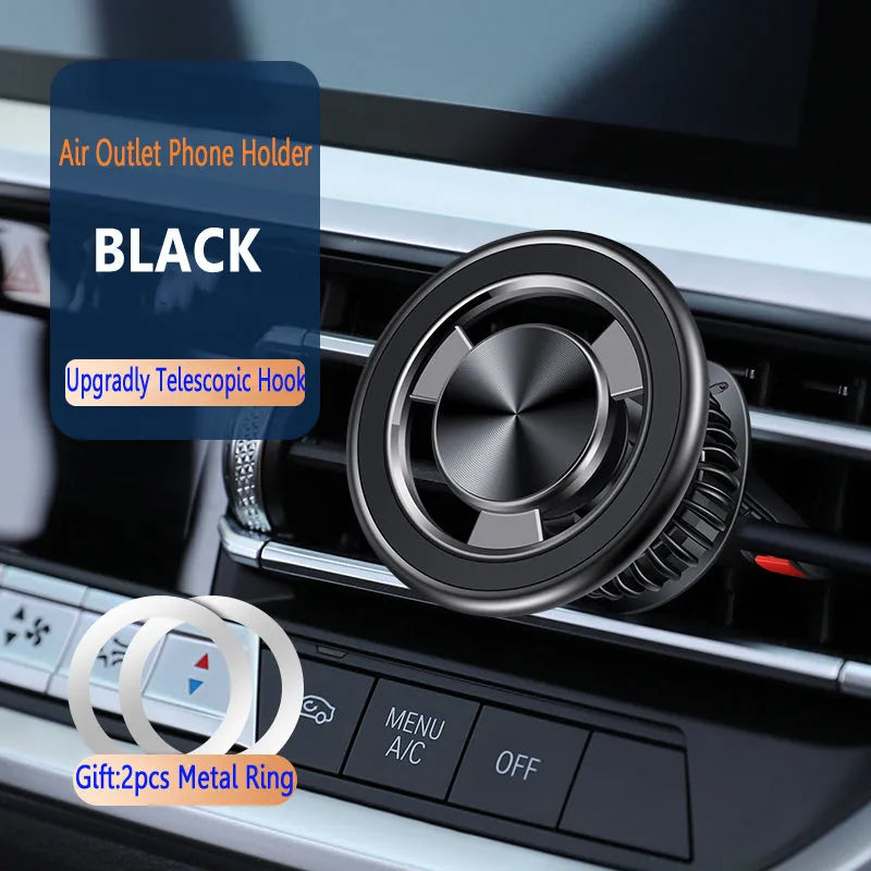 Silver magnetic car phone holder mounted on vehicle air vent with smartphone attached