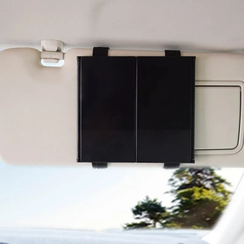 Silver folding car makeup mirror shown closed at 15.5 cm wide, suitable for mounting on a car visor.