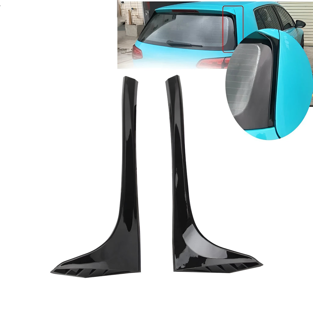 Glossy black ABS plastic rear window spoiler wing for Volkswagen Golf 7 MK7, shown with mounting tape.