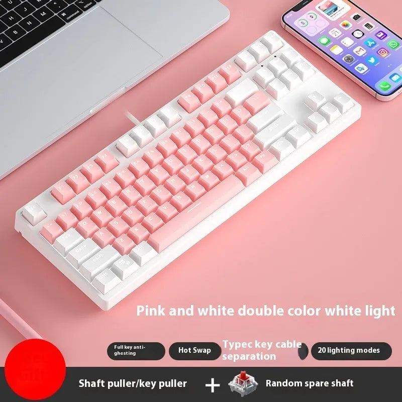 87 key wired mechanical keyboard with hot-swappable switches showing dual-colour keycap theme on metal body