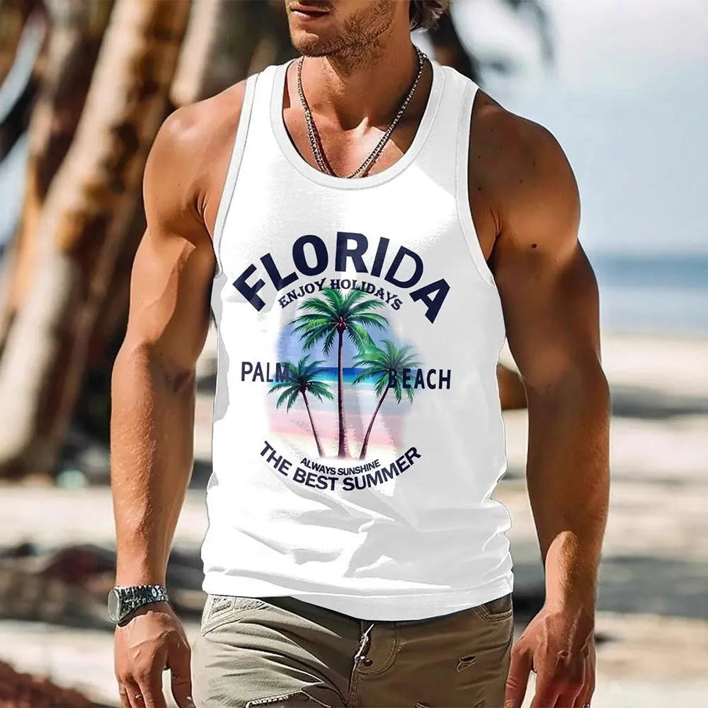 Men's 3D printed Hawaiian style sleeveless vest T-shirt in solid colour
