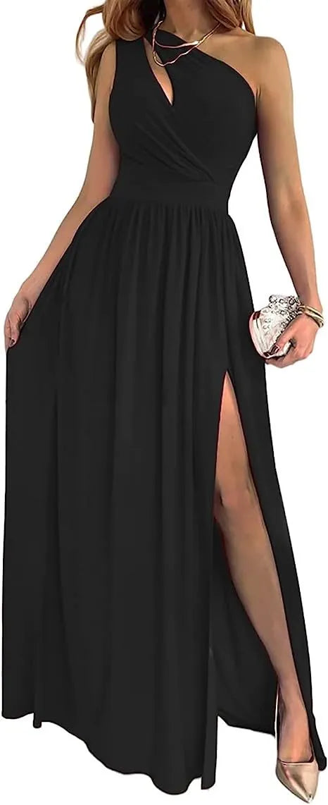 Women's one shoulder maxi dress with high split, in soft fabric, shown in apricot colour.