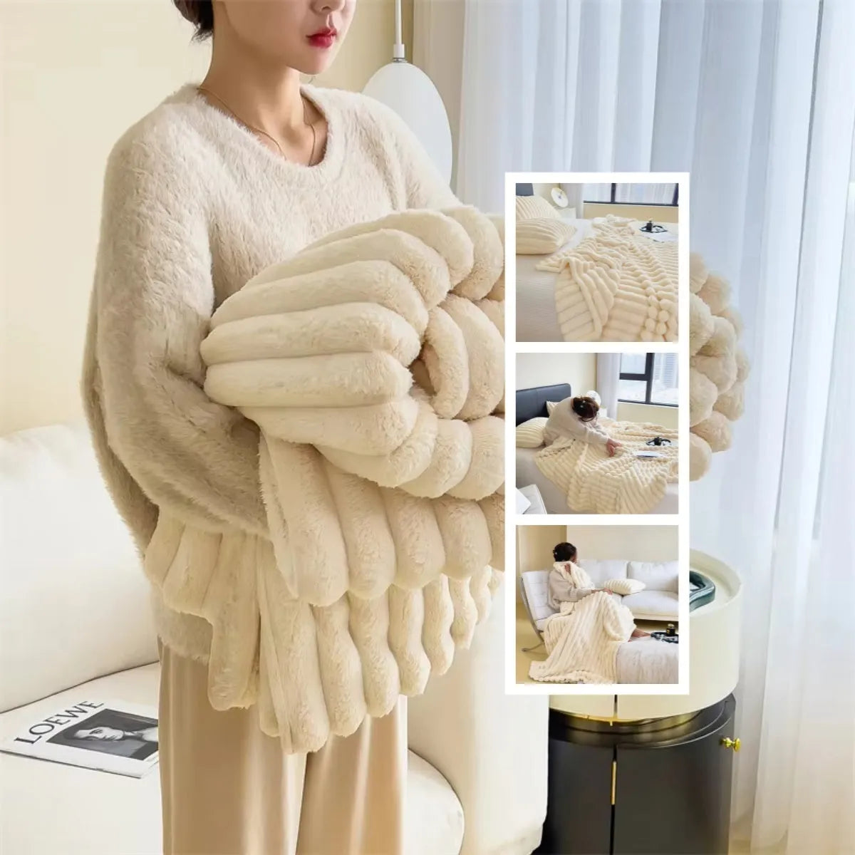Solid colour double-sided thickening faux rabbit fur blanket in bubble velvet texture