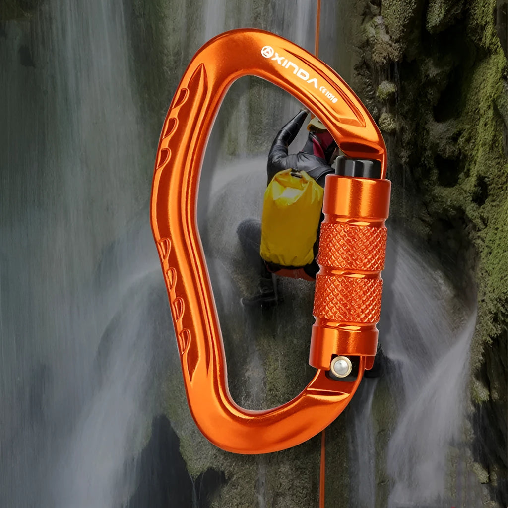 Automatic master lock climbing carabiner hook in black, blue, orange, red, or silver.