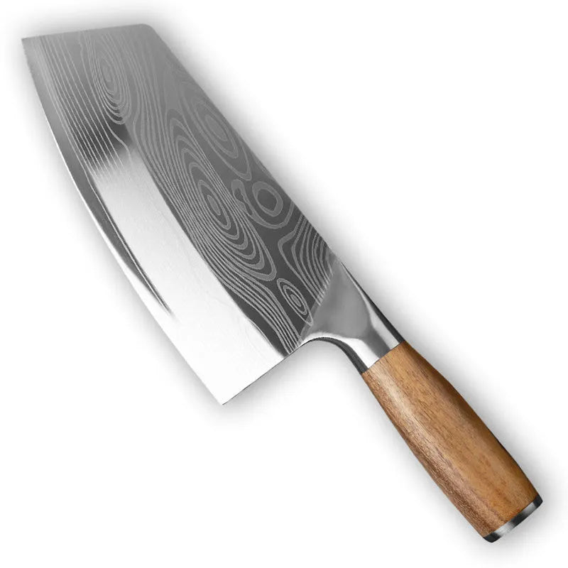 40cr13 forged stainless steel kitchen knife with a 320mm blade on a kitchen counter.