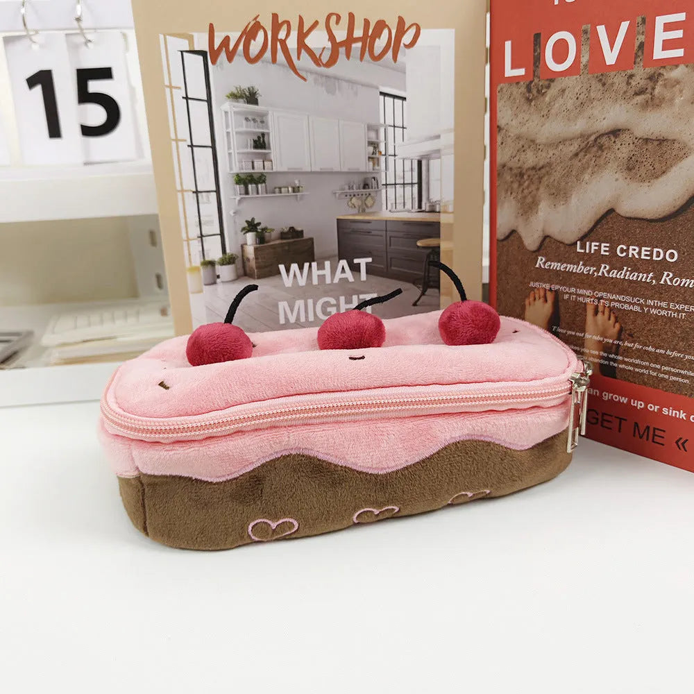 Cherry Cake plush design velvet pencil case with zip closure, Korean style
