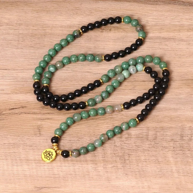 Green and black elastic beaded long bracelet with natural style alloy components