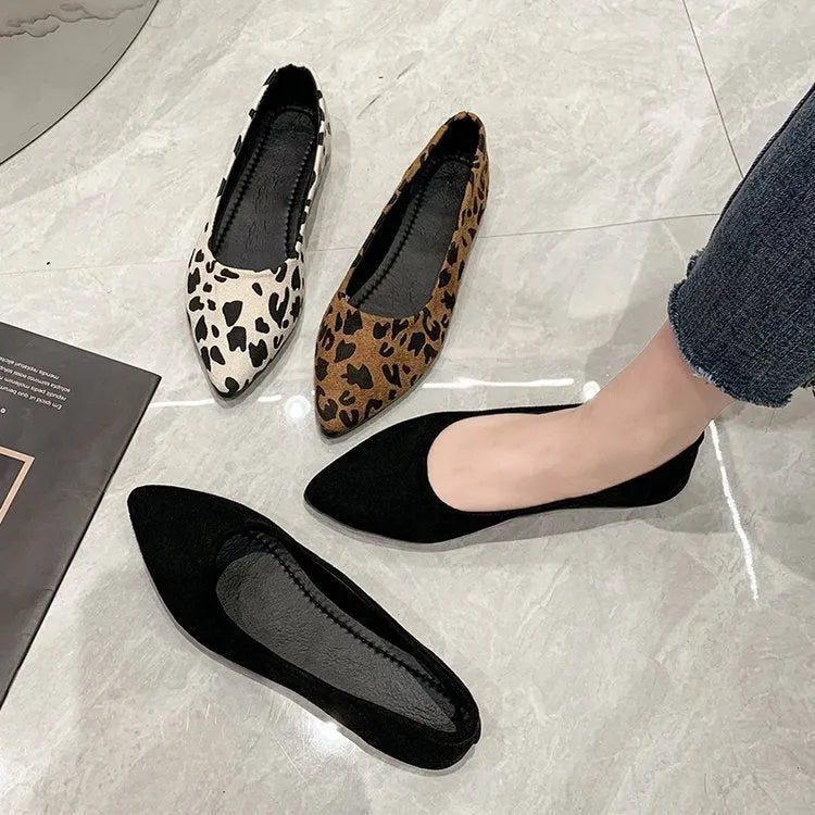 Women's leopard print pointed toe flat pumps with low heel on white background