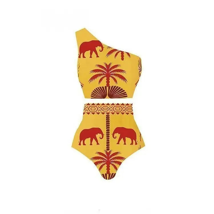 Women's black one-piece polyester swimsuit on a hanger, with alternative yellow and printed styles shown.