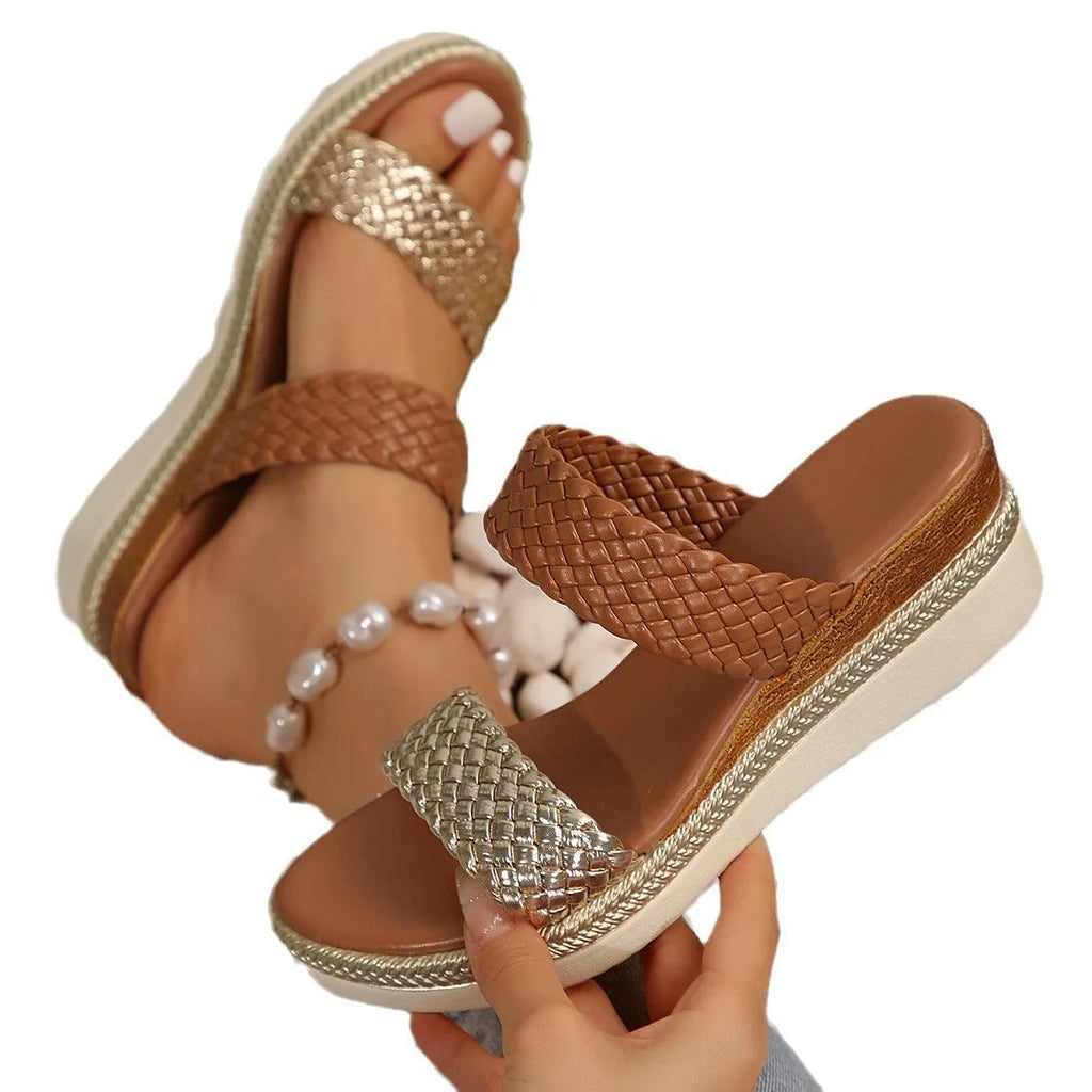 Gold or silver metallic wedge sandals for women with PU leather upper and rubber sole