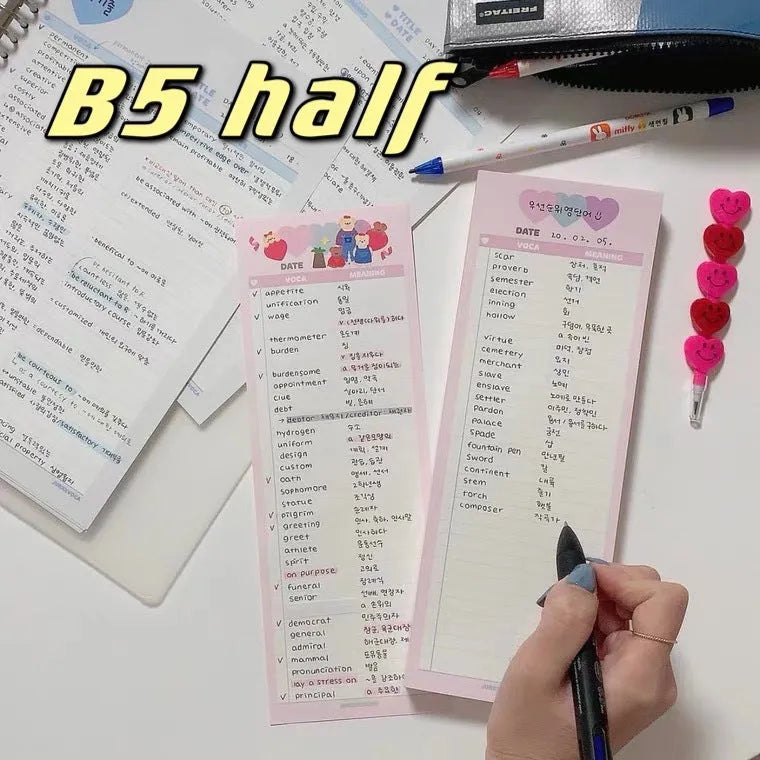 Vertical format notepad with blue cover showing B5 half dimensions and double-sided printing capability